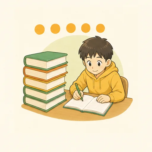 積み重ねた本の横で勉強する子どものイラスト