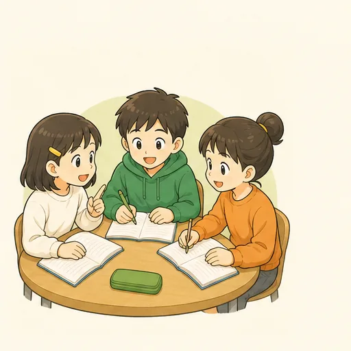 3人の子どもたちが一緒に勉強するイラスト