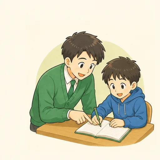 先生が子どものノートを見ながら教えるイラスト