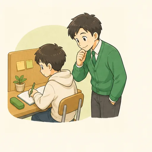 自習する子どもを先生が見守るイラスト