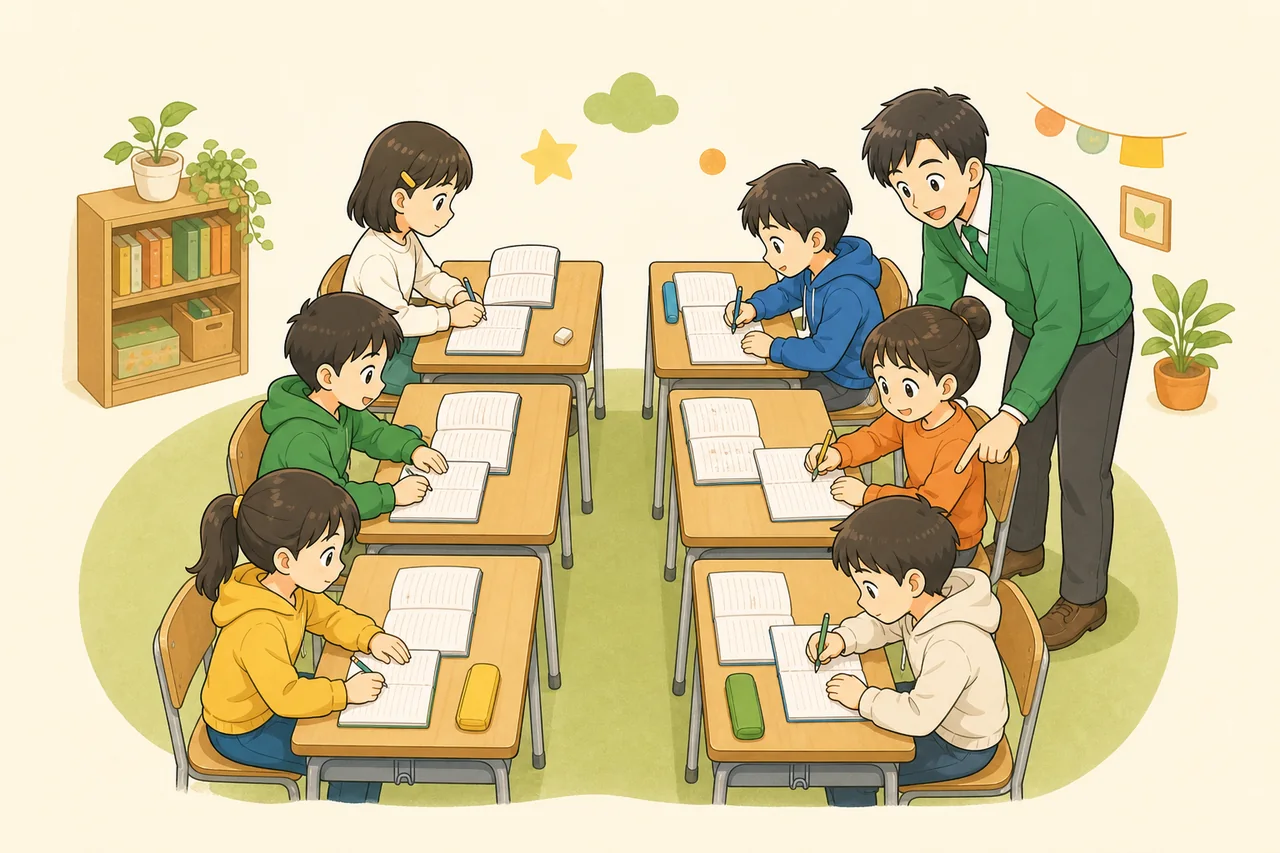 6つの机を囲んで子どもたちがそれぞれ勉強し、先生が近くで一人ひとりを教える様子