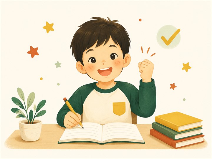 学ぶ楽しさと小さな達成を表す小学生のイラスト