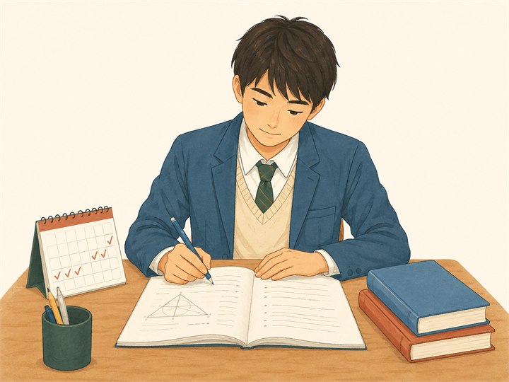 数学と英語の学校内容や定期テストに取り組む高校生のイラスト