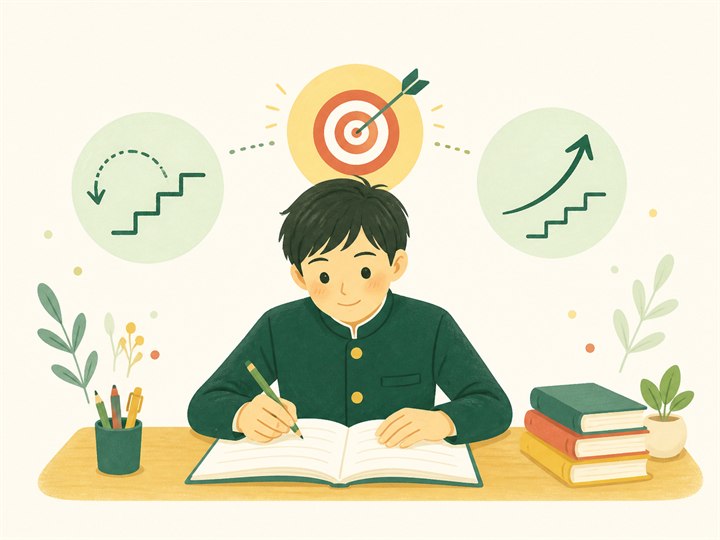 戻り学習・集中学習・先取り学習を表す中学生のイラスト