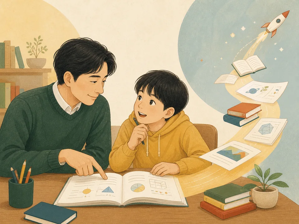 男性講師と理解度を確かめ、先取り学習で学ぶ楽しさを深める様子を表したイラスト