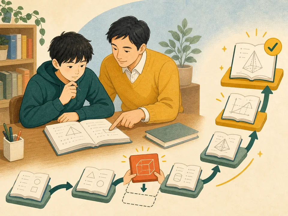 男性講師と一緒につまずいた単元までさかのぼり、基礎を積み直す様子を表したイラスト