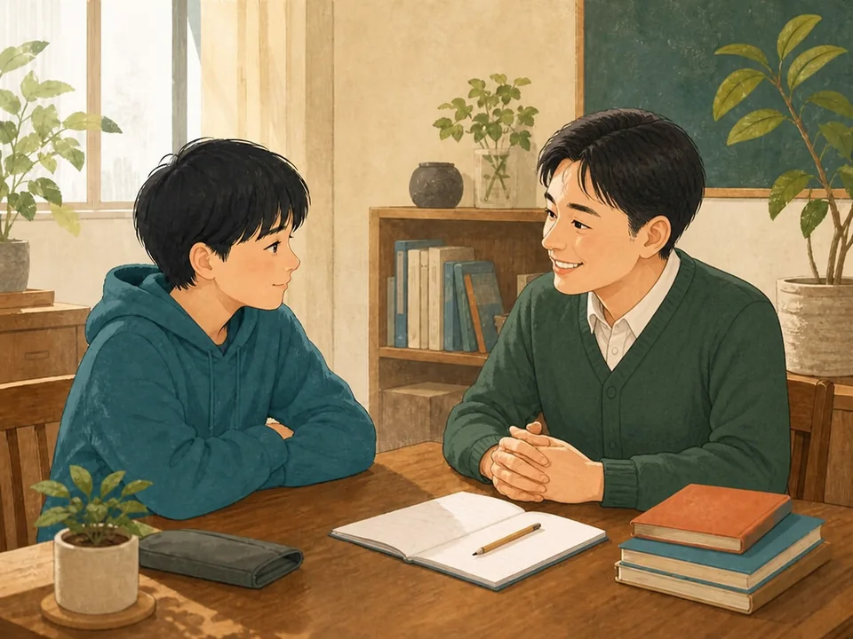 男性講師がお子さまと目線を合わせ、安心できる関係をつくる様子を表したイラスト