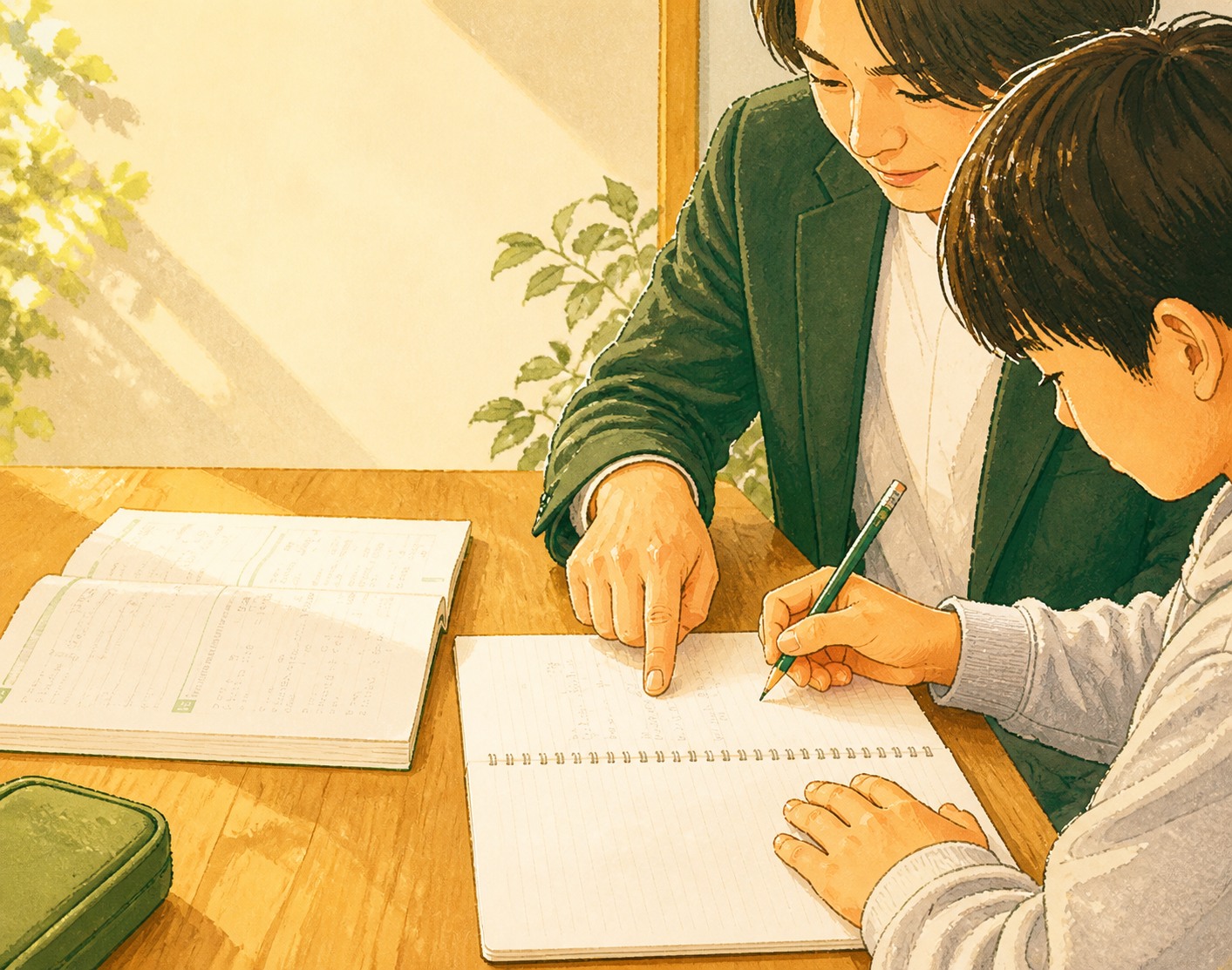 男性講師が生徒のノートを指しながら学習を支える様子を描いたイラスト